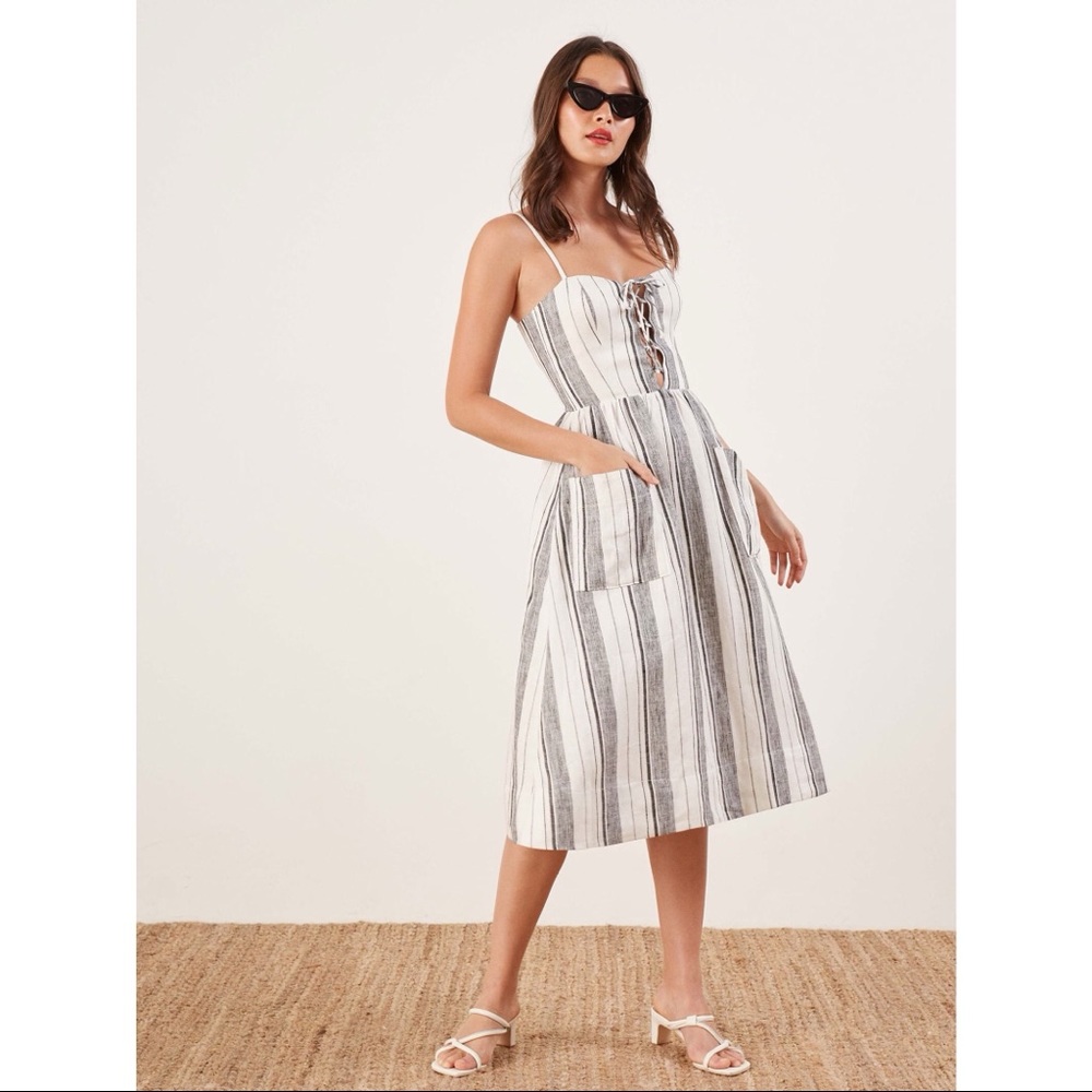 Reformation Black & White Striped Linen Midi Dress Size 0